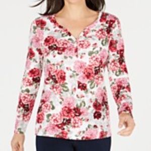 XXL New Red Amore Karen Scott Floral Printed Henley Top